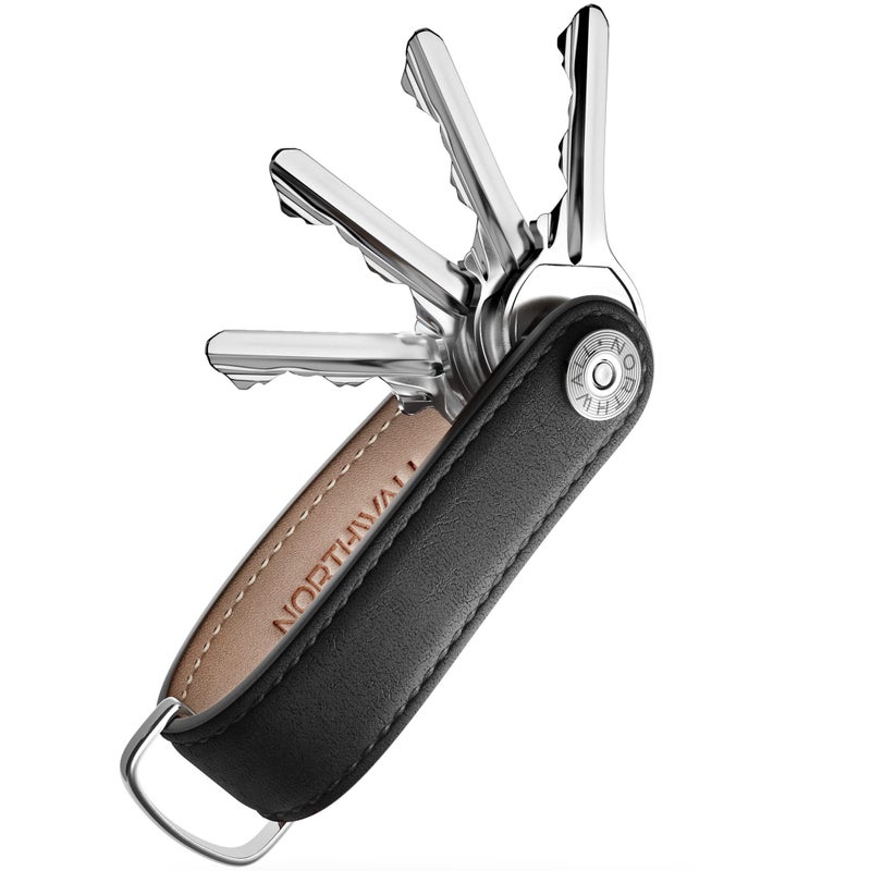 Northwall Leather Key Organizer â€“ Minimalist Pocket Key Holder for Men and Women â€“ Holds Up to 7 Keys with Secure Locking Mechanismâ€“ Durable Vegetable Tanned Leather Keychain Accessory Black - Image 1